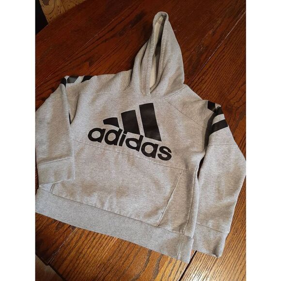 Youth Kids Medium Adidas Grey Black Logo Pullover Sweatshirt Hoodie - Picture 1 of 4